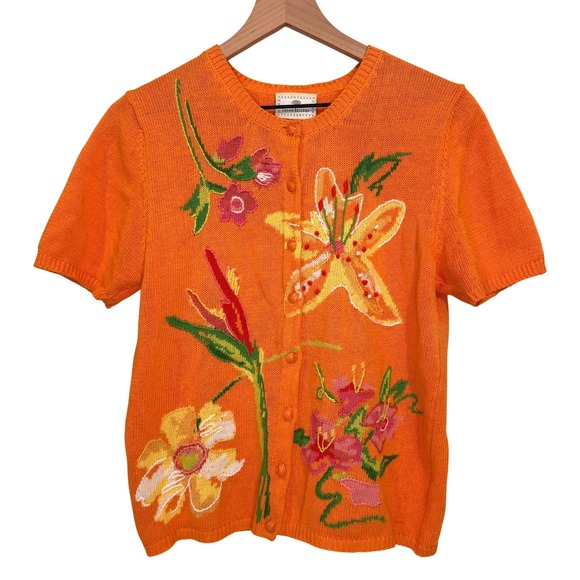 Susan Bristol Sweaters - Susan‎ Bristol Cardigan Size S/M Short Sleeve Floral Tropical Embroidery Cotton